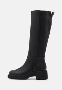 Black leather knee-high boots with a chunky sole, smooth finish, and a zipper detail at the back for easy wear.