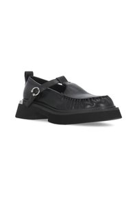 Scarpe in pelle nera con dettaglio arricciato sulla punta, cinturino regolabile con hardware circolare e tacco spesso in gomma nera.