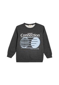 Grå sweatshirt med rund halsringning och långa ärmar. Har en blå grafisk tryck av en jordglob och abstrakta former. Tillverkad av mjukt tyg.