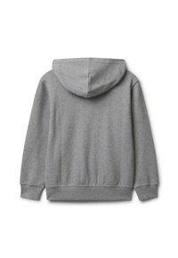 Felpa grigia con cappuccio realizzata in morbido tessuto di cotone misto. Presenta un cappuccio spazioso, polsini e vita a coste. Design semplice, senza motivi visibili.