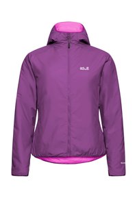 Paarse geïsoleerde jas met capuchon, volledige ritssluiting aan de voorkant en Jack Wolfskin-logo op de borst, ontworpen voor buitengebruik.