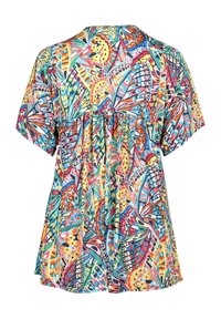 Blouse à motif papillon multicolore, avec une coupe ample, des manches courtes et un détail froncé à la taille. Tissu doux avec un design dynamique.