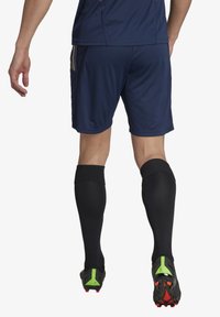 Pantalones cortos deportivos navy con cintura elástica, combinados con calcetines negros hasta la rodilla y botas de fútbol con acentos verdes y clavos rojos.
