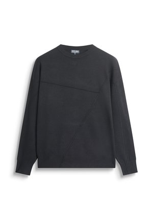 Zwarte sweatshirt met een ronde hals, voorzien van een uniek diagonaal naaddesign. De stof lijkt glad, met lange mouwen en geribbelde boorden.