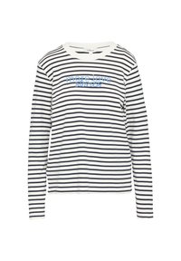 Langarm T-shirt met een ronde hals in marineblauw en wit met horizontale strepen. Bevat geborduurde tekst "meer liefdesverhalen" in lichtblauw op de borst.
