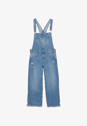 Lichte blauwe denim overalls met verstelbare schouderbanden, een voorzak, zijknopen en een versleten uitstraling op de benen.