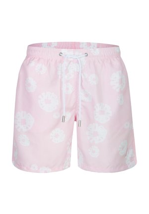 Hellrosa Herren-Badeshorts mit weißen Blumenmustern und weißem Kordelzug am elastischen Bund.