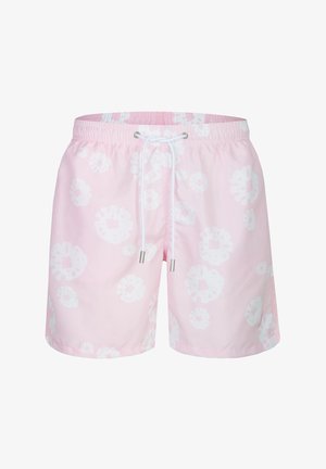 Hellrosa Herren-Badeshorts mit weißen Blumenmustern und weißem Kordelzug am elastischen Bund.