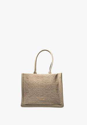 Beige tote bag with embossed “BOGNER” logo design, smooth texture, dual handles, and a structured rectangular shape.