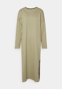 Vestido de mangas longas verde oliva com decote redondo, feito de material suave; apresenta fendas laterais para maior facilidade de movimento.