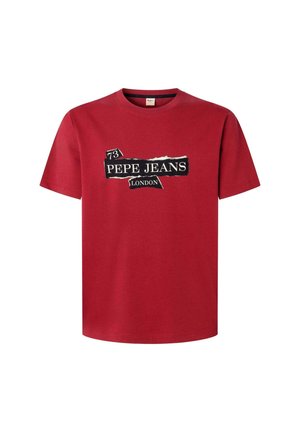 T-shirt di cotone rossa con logo in bianco e nero "PEPE JEANS LONDON" e "73" in un design effetto carta strappata. Maniche corte e girocollo.