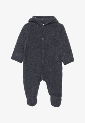 Dunkelgrauer Fleece-Overall mit Kapuze, ausgestattet mit einer Knopfleiste und einem Füßchen-Design. Weiche Textur, keine ausgeprägten Muster oder Akzente.