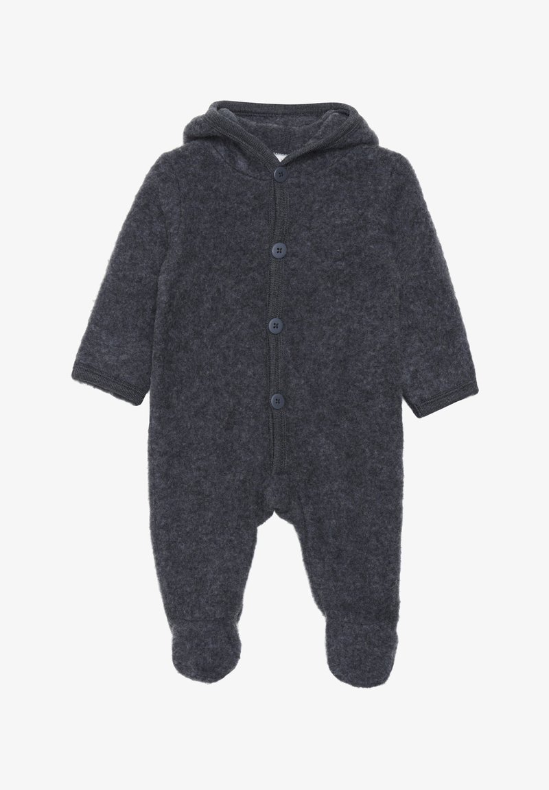 Dunkelgrauer Fleece-Overall mit Kapuze, ausgestattet mit einer Knopfleiste und einem Füßchen-Design. Weiche Textur, keine ausgeprägten Muster oder Akzente.