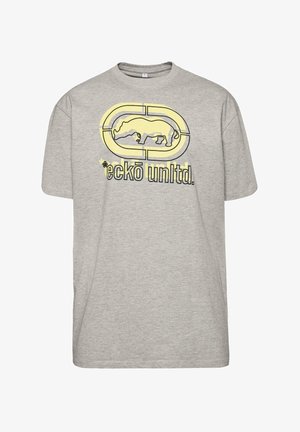 Grijze t-shirt met korte mouwen van katoen, met een geel en zwart grafisch logo met een gestileerd neushoornontwerp en tekst eronder.
