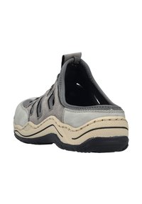 Gray suede shoe with a textured design, featuring a black mesh top, a pull tab at the heel, and a cream-colored, rugged rubber sole.