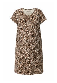 Kleid mit Leopardenmuster und kurzen Ärmeln aus weichem Material, mit einem runden Ausschnitt und einer lockeren Passform. Auffälliges Muster in Schwarz, Braun und Beige.