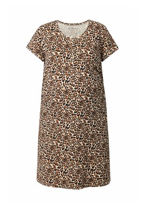 Abito a maniche corte con stampa leopardata in tessuto morbido, caratterizzato da un collo rotondo e una vestibilità comoda. Motivo notevole in nero, marrone e beige su tutto il capo.