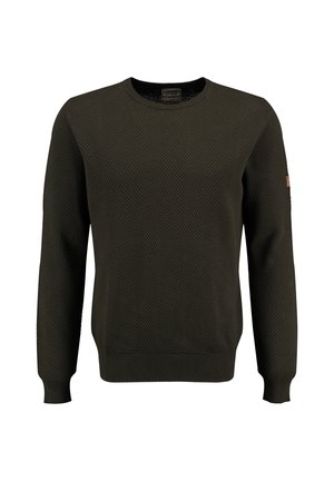 Maglione a maglia verde scuro con un motivo testurizzato, scollatura rotonda e polsini e orlo a coste. Presenta un piccolo accento in pelle sulla manica.