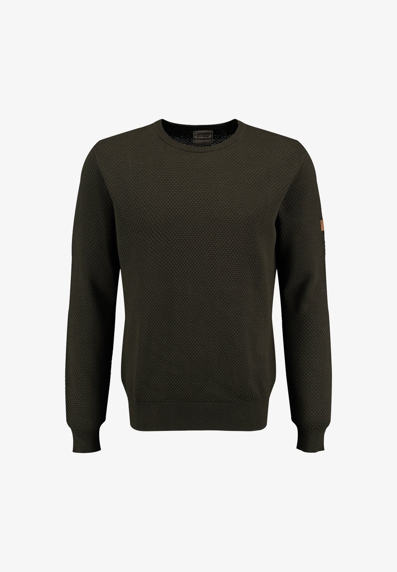 Maglione a maglia verde scuro con un motivo testurizzato, scollatura rotonda e polsini e orlo a coste. Presenta un piccolo accento in pelle sulla manica.