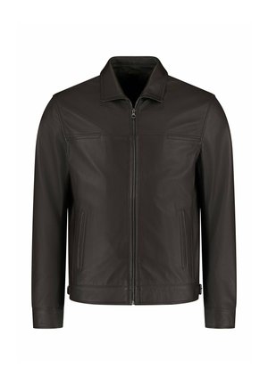 Dark brown leather jacket with front zipper, two vertical side pockets, and a classic collar, displayed on a white background.