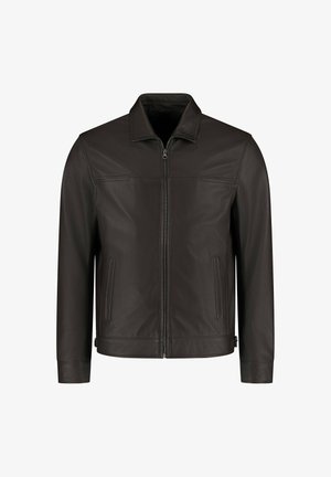 Dunkelbraune Lederjacke mit Frontreißverschluss, zwei vertikalen Seitentaschen und einem klassischen Kragen, auf einem weißen Hintergrund präsentiert.