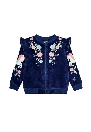 Navy velvet zip-up jacket with ruffled shoulders, featuring floral embroidery and a white unicorn on the left sleeve. Ribbed cuffs and hem.