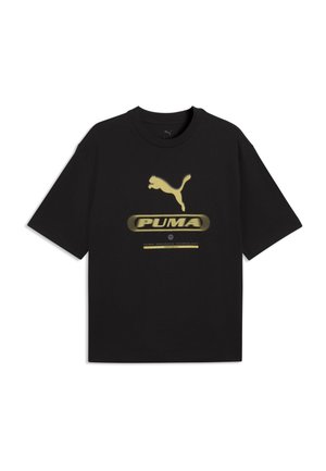 T-shirt noir à manches courtes avec grand logo Puma doré et texte "PUMA" et "PUMA ADVANCED TECHNOLOGY" au centre avant.