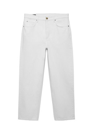 Jeans bianchi vita alta a gamba dritta con tasche frontali, passanti per cintura e chiusura con bottone in ottone.