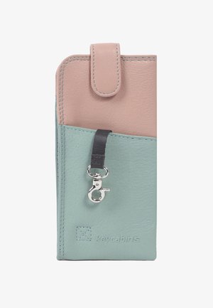 Mint green and light pink leather wallet with a snap closure, featuring a black strap and silver hardware. Engraved logo detail present.