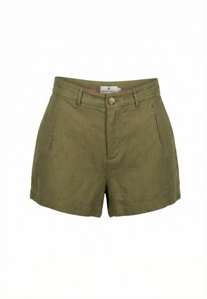 Pantaloncini di lino verde oliva a vita alta con bottoni frontali, passanti per cintura, due tasche anteriori a fessura e dettaglio sottile di cuciture sulla cintura.