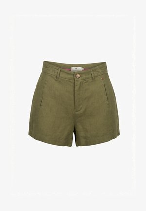 Pantaloncini di lino verde oliva a vita alta con bottoni frontali, passanti per cintura, due tasche anteriori a fessura e dettaglio sottile di cuciture sulla cintura.