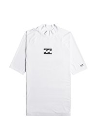Kortärmad vit rash guard med en svart våg-logotyp på bröstet, med hög krage och mjukt, lätt material.