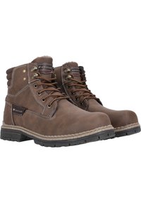 Stivaletti in pelle marrone con accenti in beige, occhielli in metallo e lacci marroni. Collo imbottito e suola in gomma testurizzata con dettagli di cucitura.