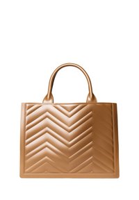 Borsa a tracolla trapuntata color beige con motivo a zigzag, superficie liscia e manici robusti. Forma rettangolare con silhouette strutturata.