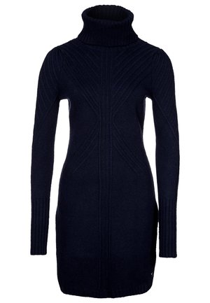 Langes dunkel marineblaues Strickkleid mit Rollkragen, langen Ärmeln und strukturierten diagonalen und vertikalen Rippenmustern.