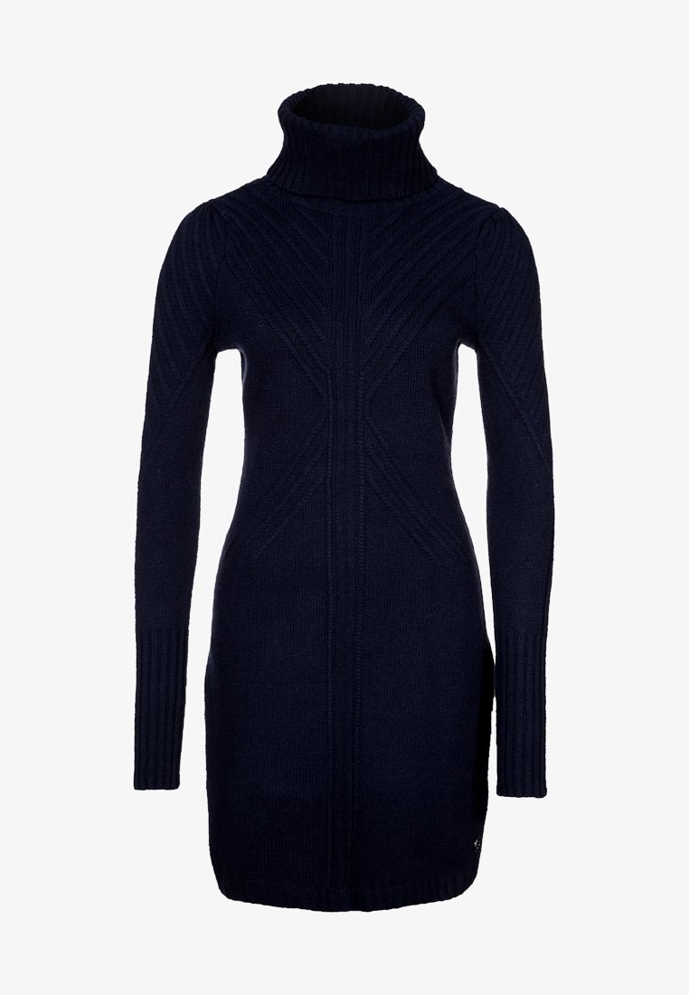 Robe-pull longue tricotée bleu marine foncé avec col roulé, manches longues et motifs côtelés diagonaux et verticaux texturés.