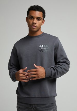 Jeune homme portant un sweat-shirt gris foncé avec un petit logo blanc et noir Alessandro sur la poitrine, debout devant un fond uni.