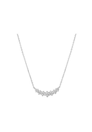 Silberne Halskette mit einem geschwungenen Design und blattförmigen Akzenten, verziert mit klaren, funkelnden Kristallen. Die Linked-Kette ist filigran und zart.
