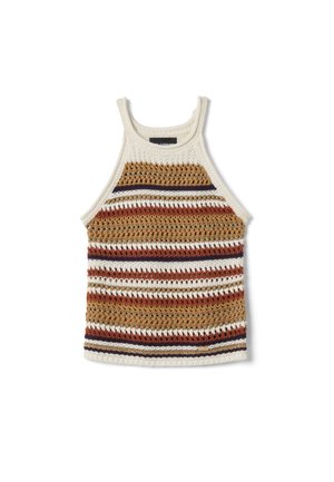 Gehäkeltes ärmelloses Neckholder-Top mit horizontalen Streifen in Creme, Braun, Rost und Marineblau, mit offener Strickstruktur.