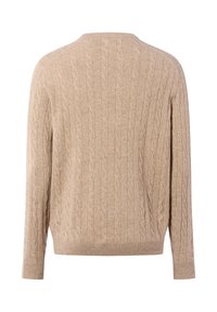 Beige Strickpullover mit Rundhalsausschnitt, langen Ärmeln und strukturierter Musterung, mit gerippten Bündchen und Saum.