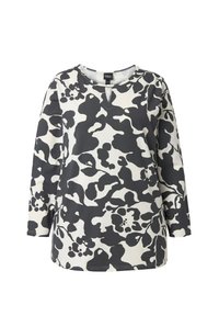 Langärmliges Oberteil mit einem schwarz-weißen abstrakten Blumenmuster, ausgestattet mit einem runden Ausschnitt und einem Schlitzdetail am Kragen.