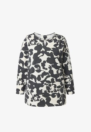 Top met lange mouwen in een zwart-wit abstract bloemenpatroon, met een ronde halslijn en een kiervormig detail bij de nek.