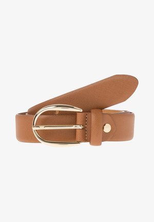 Ceinture en cuir fauve avec surface texturée et boucle ovale dorée, enroulée avec une boucle de ceinture et un seul rivet doré visible.