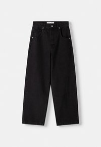 Jeans de mezclilla negra de cintura alta con piernas anchas. Presentan cinco bolsillos, cierre de botón de metal y sutiles detalles de costura.
