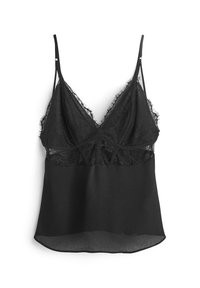 Camiseta sin mangas negra con un top de encaje de borde festoneado, tirantes delgados ajustables y una parte inferior de satén suave.