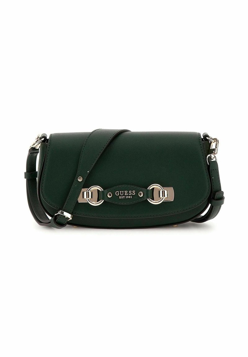 Borsa a tracolla verde in ecopelle con patta, hardware argento e placca con logo. Caratterizzata da una tracolla staccabile e una superficie texturizzata.