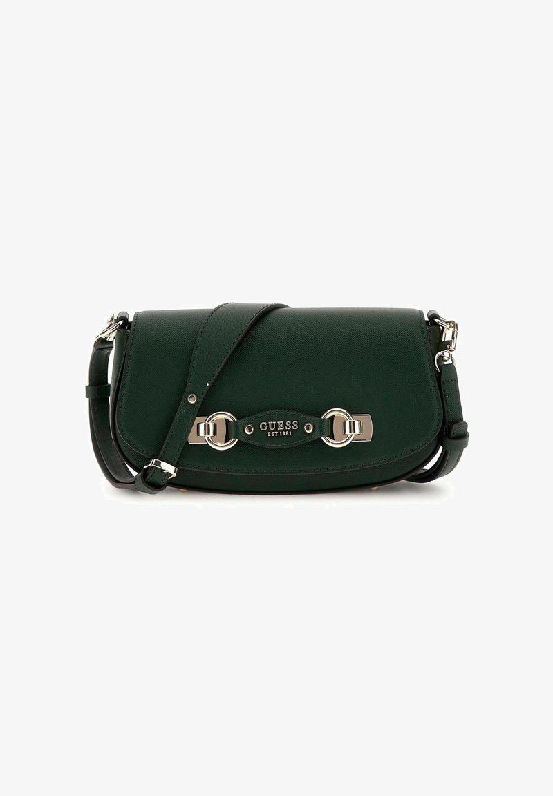 Borsa a tracolla verde in ecopelle con patta, hardware argento e placca con logo. Caratterizzata da una tracolla staccabile e una superficie texturizzata.