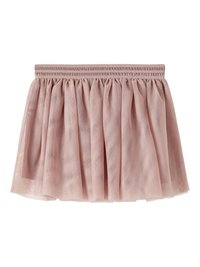 Lett rosa tulle skjørt med smokkete elastisk midje, med lagdelt gjennomsiktig stoff og en utpreget design. Myk tekstur og lett vekt.