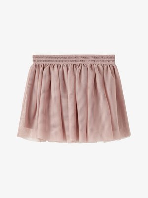 Svetloružová tylová sukňa so smotanovým elastickým pásom, s vrstvenou priesvitnou látkou a rozšíreným strihom. Mäkká textúra a ľahká.