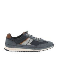 Chaussures de sport bleues avec une tige en daim et en maille, lacets gris, accents beige et semelles en caoutchouc blanc. Présente un logo sur le côté.